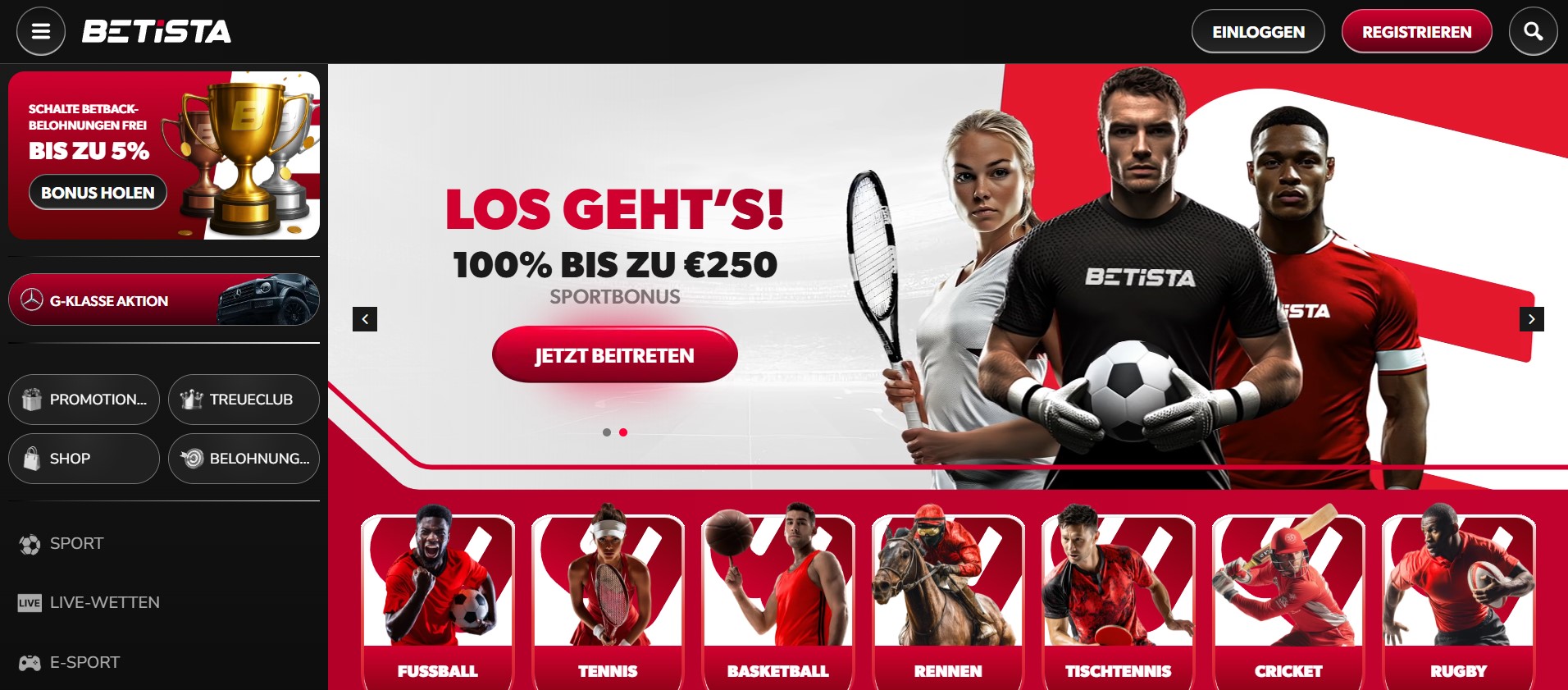 Startseite des Online-Wettanbieter Betista mit Sportbonus-Banner „Los geht’s! 100% bis zu €250“. Abgebildet sind Tennis-Spielerin, Torwart mit Fußball und weiterer Athlet; Navigation mit Einloggen, Registrieren, Live-Wetten und Sportarten Fußball, Tennis, Basketball, Rennen.