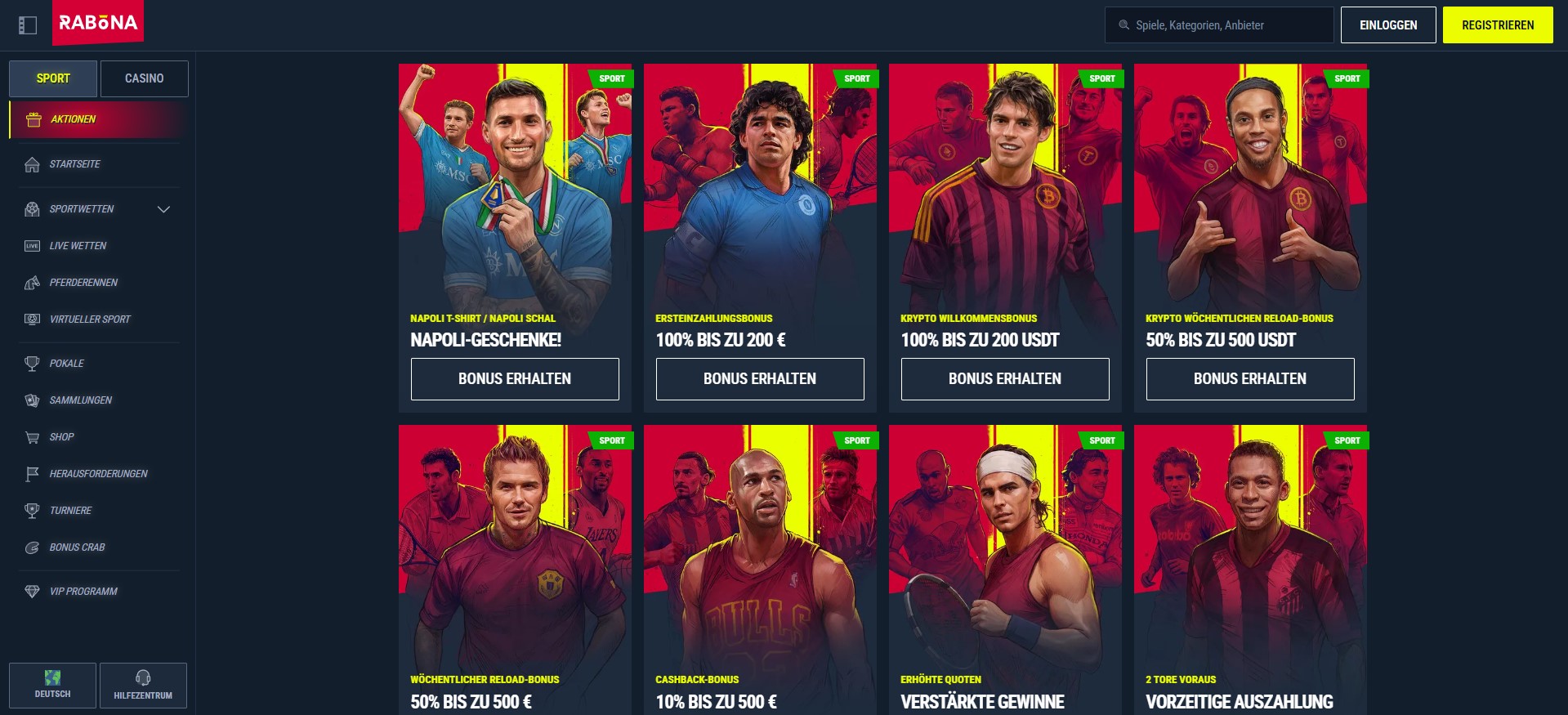 Rabona Wettanbieter Plattform mit deutschen Bonusangeboten wie 100% bis zu 200 €, wöchentliche 50% Boni und verstärkte Gewinne für Online Casino und Sportwetten Fans.