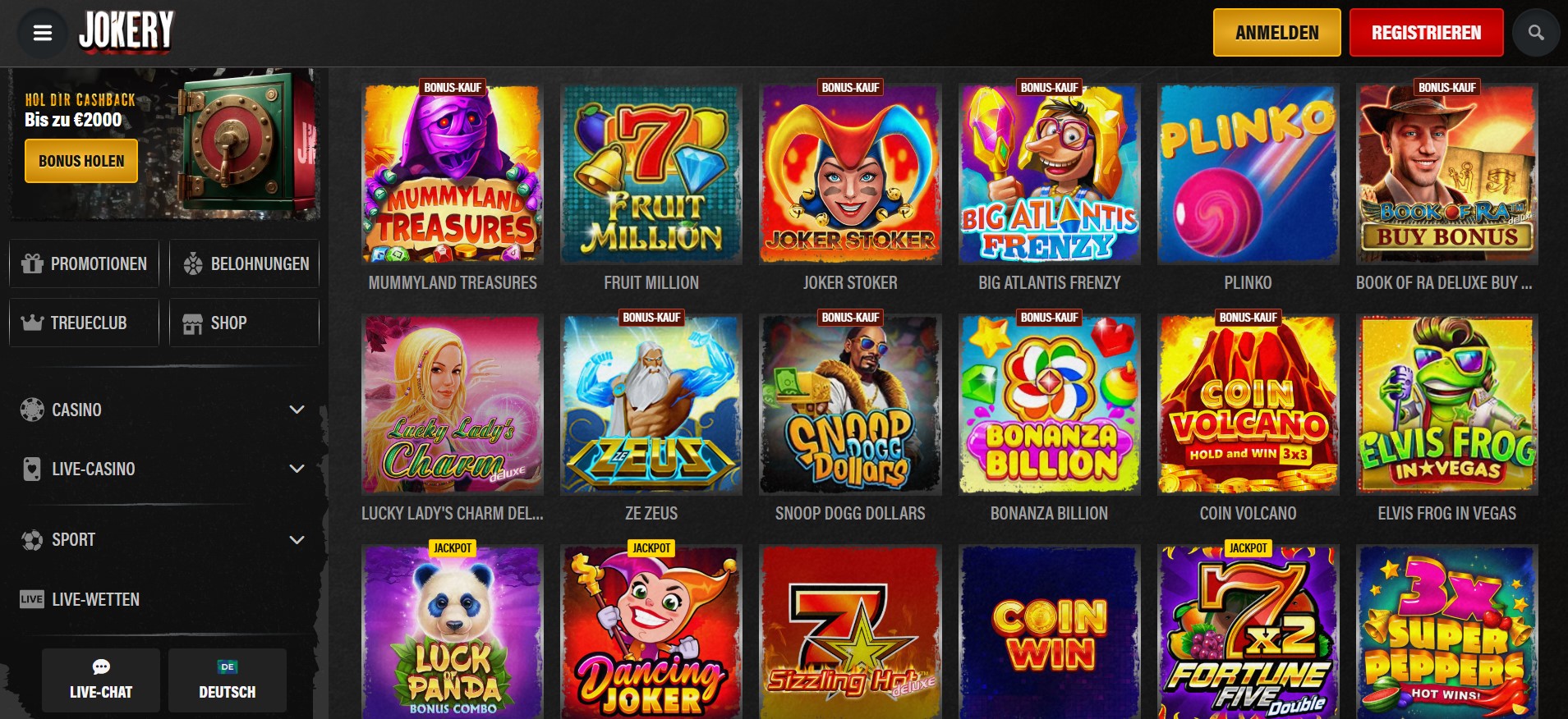 Jokery Online Casino Website mit bunten Spielautomaten wie Mummyland Treasures, Plinko, Book of Gold Multichance und Zeus 2 im Rasterlayout.